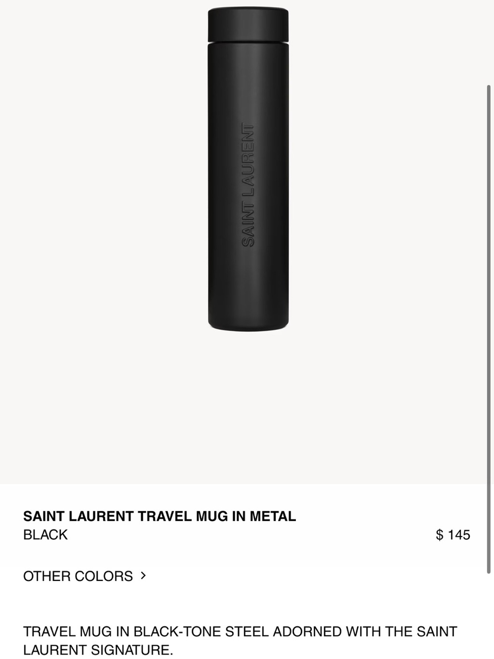 Saint Laurent Black Travel Mug with Embossed Logo